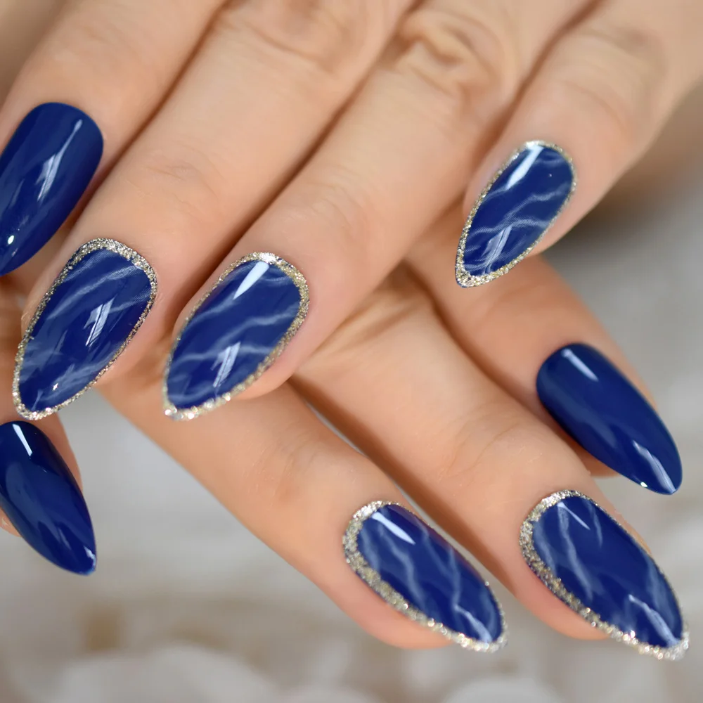 Unhas falsas stiletto de mármore azul brilhante, glitter prateado, pré-projetos, médio, manicure artificial, pontas de unhas decorativas para mulheres