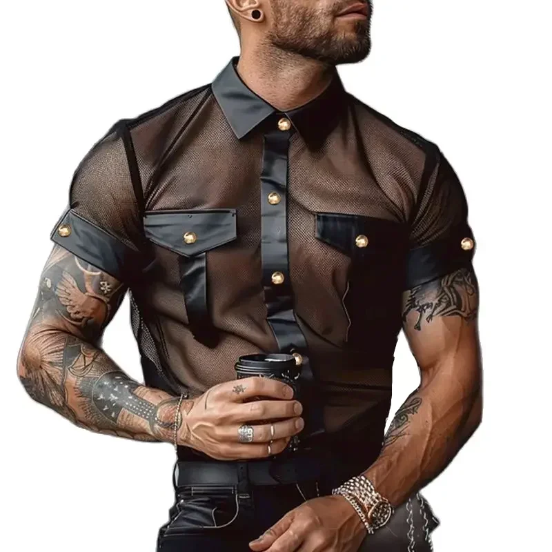 

Sexy Leather Patchwork Mesh Shirts Men Nightclub Fashion See Through Mesh Lace Shirt 2024 Summer Mens Short Sleeve Leather Shirt