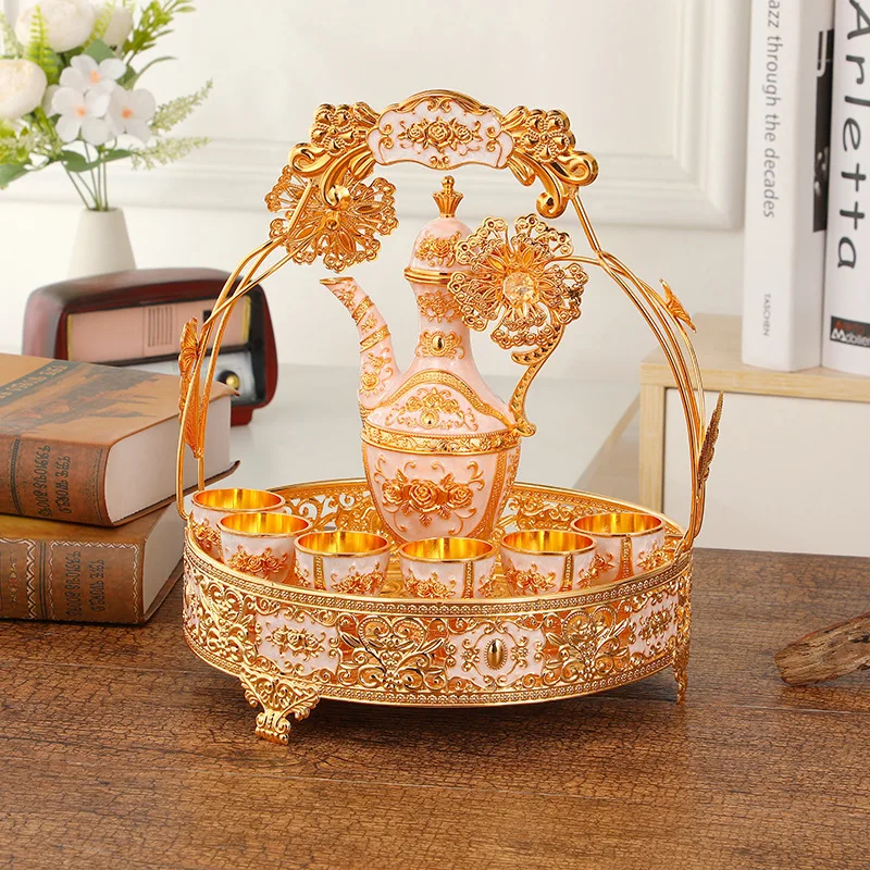 Set hadiah gelas anggur mewah berbahan paduan emas berkualitas tinggi untuk dekorasi meja rumah dengan nampan