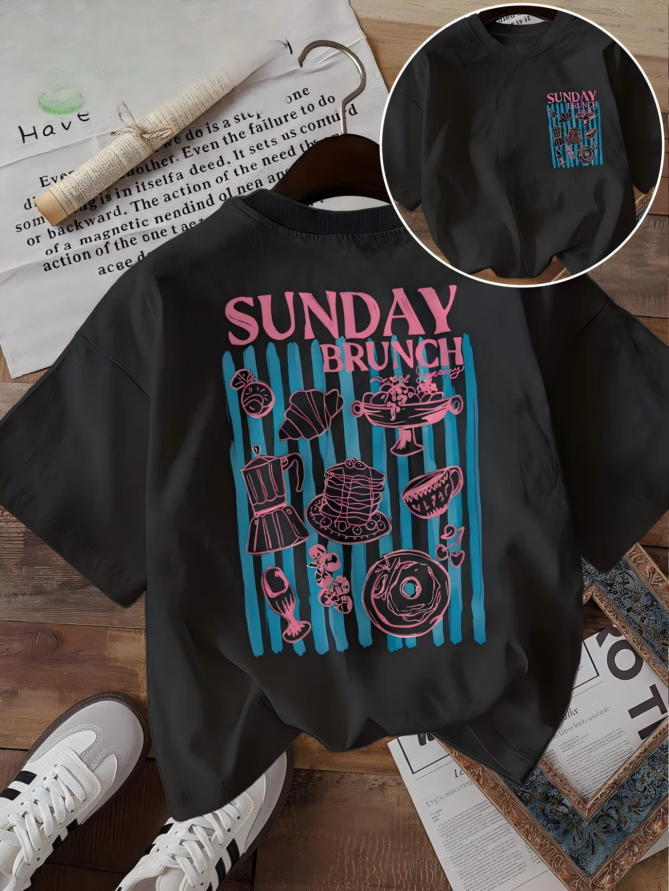 Women's Sunday Brunch Graphic T-Shirt Cute Breakfast Print Tee Short Sleeve Fashion Loose Summer Top Weekend Vacation Shirt