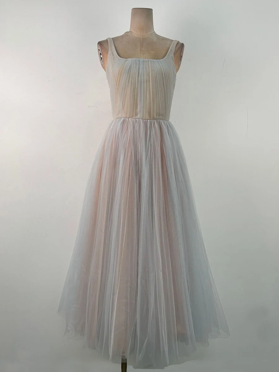 VGH Elegant Fresh Gradient Slimming Dresses For Women Square Collar Sleeveless High Waist Sweet Long Dress Female Fashion New