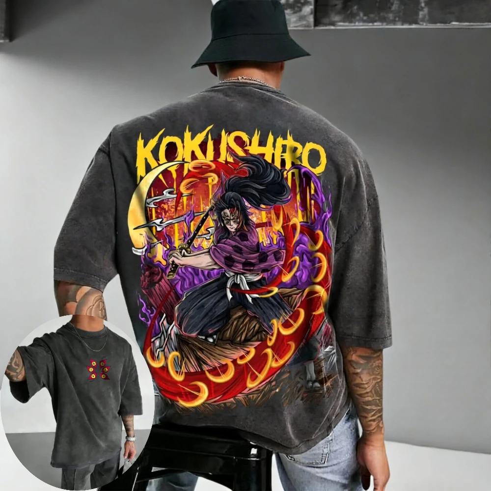Demon Slayer Men's and  Women's Washed T-Shirt Kyojuro Rengoku Summer Spring Anime Tee Retro Distressed Versatile Short Sleeve view 3