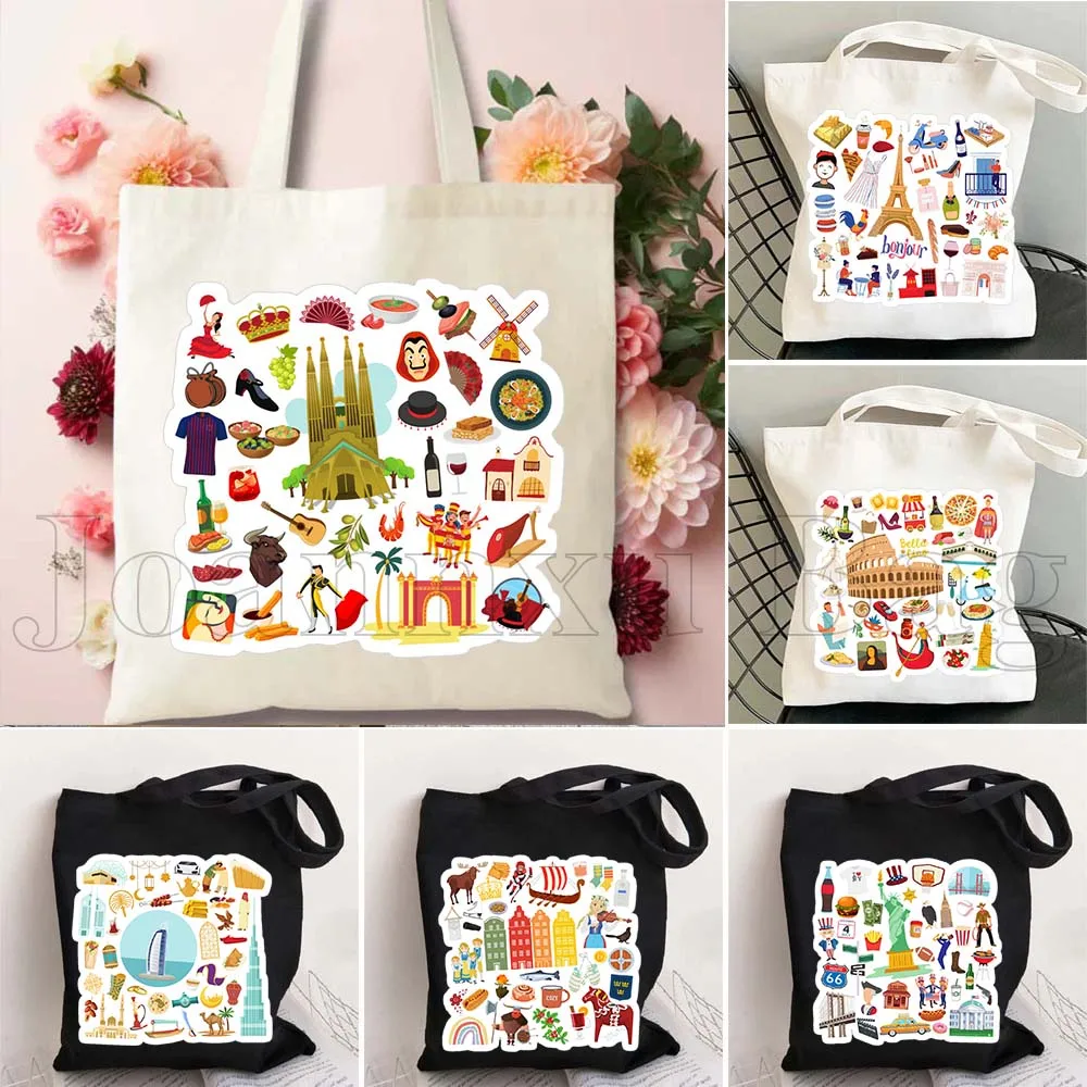 Bolsa de Lona con Iconos de Viaje de España, Brasil, Canadá, Francia, Alemania, Grecia, Suecia, Italia, México, Rusia, Estados Unidos, Japón, Bolsa de Compras Ecológica