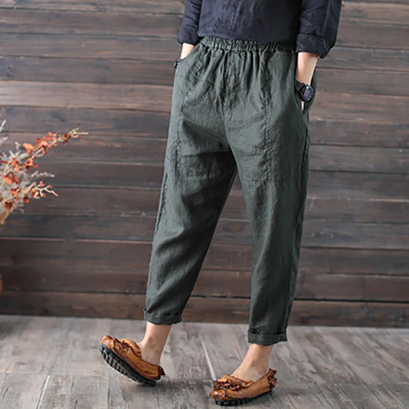 Spring Autumn Literary Patchwork Loose Women Ankle Length Pants Elastic Waist Solid Color Linen Casual Cozy Female Harem Trouser