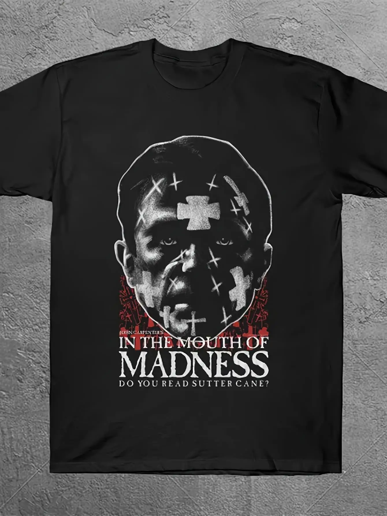 

LocalMen Retro John Carpentbury in Crazy Mouth Sutcon Graphic T-shirt Black Horror Movie Street Fashion T-shirt