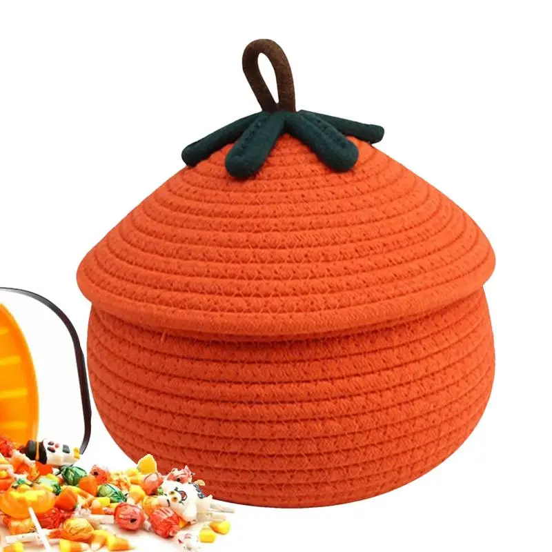 Halloween Pumpkin Woven Basket Halloween Pumpkin Basket Decorative Cotton Rope Woven Basket Covered Storage Box For Towels Toys