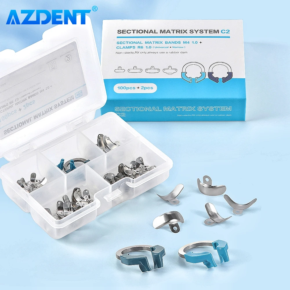 100pcs/Box Dental Matrix Bands NITI Metal Matrices AZDENT Contoured Sectional Matrix System with Clamp Rings Dentistry Tools