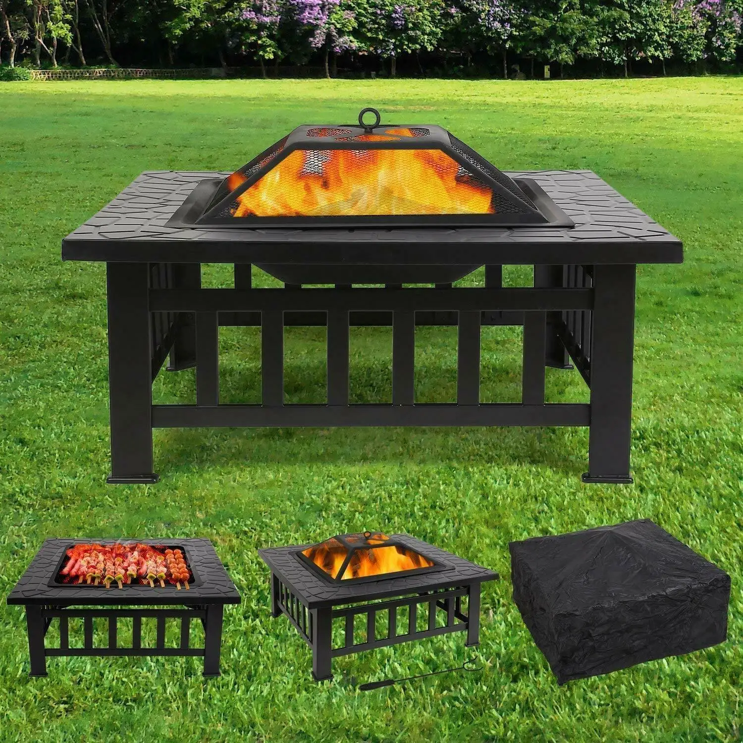 

Fire Basket Garden Fireplace Including Grill (51*51cm) And Waterproof Cover For Heating/Grilling Metal Brazier 81.5x81.5x45cm