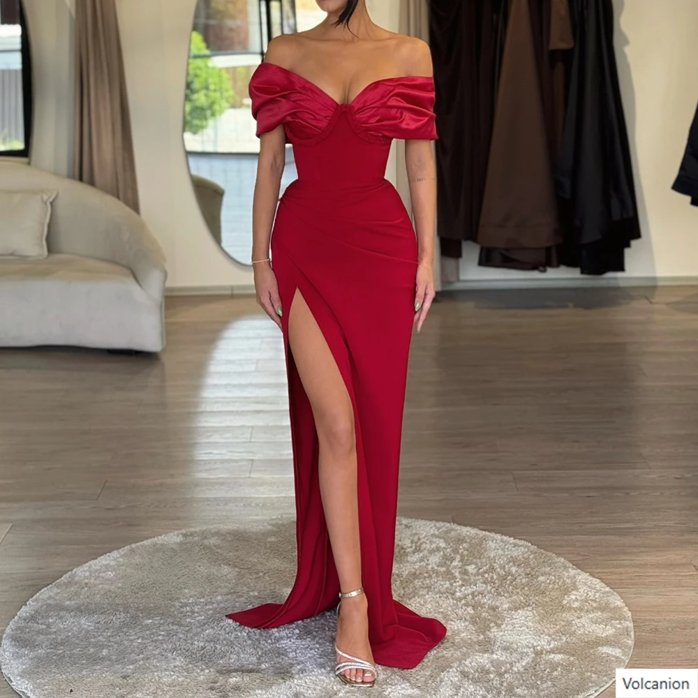 

Customized Straight Evening Dresses Floor-length Off The Shoulder Sleeveless Prom Gown Fsahion Pleat Side-split Party Gown