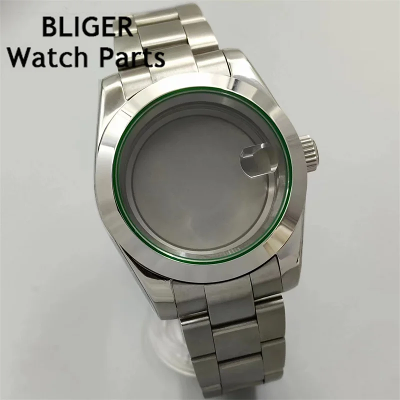 Bliger เคสขัดเงาขอบสีเขียว36มม./40มม. กระจกแซฟไฟร์พอดีกับ NH35 NH36 ETA2824 2836 Mingzhu DG2813 3804 Miyota8205 8215 PT5000