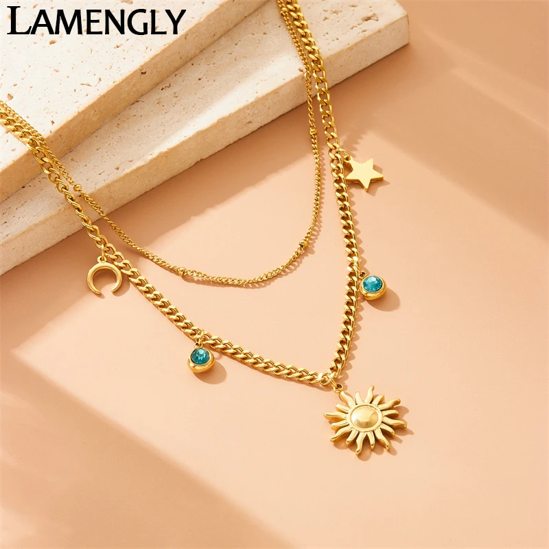 LAMENGLY 2024New High Quality 316l Stainless Steel Golden Sun Moon Stars Pendant Necklace Women Fashion Party Chain Jewelry Gift