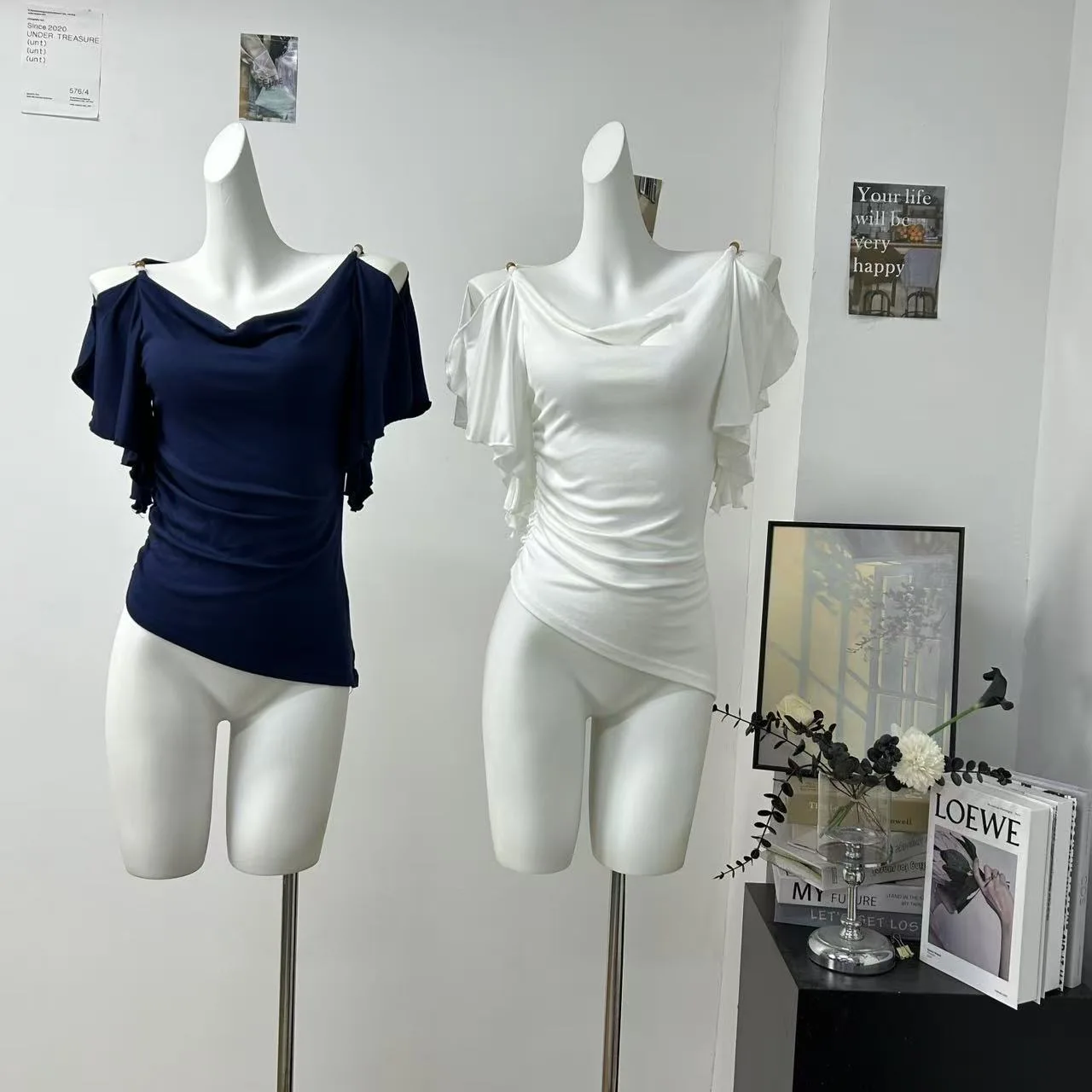 Women's Summer Drop-shoulder Ruffled Sleeve Slim T Shirt Lady Solid Color Swinging Collar Pullover Tee Top