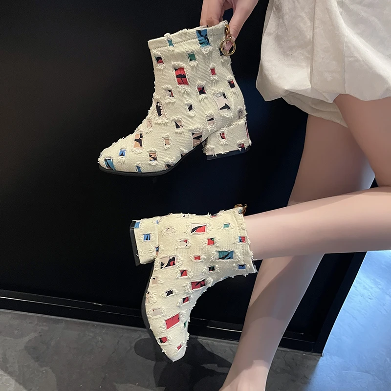 2026 Autumn and Winter New Heightened Rear Zipper Fashion Rags Booties Women's Non-slip Fashion Round Toe Block Heel Shoes view 5