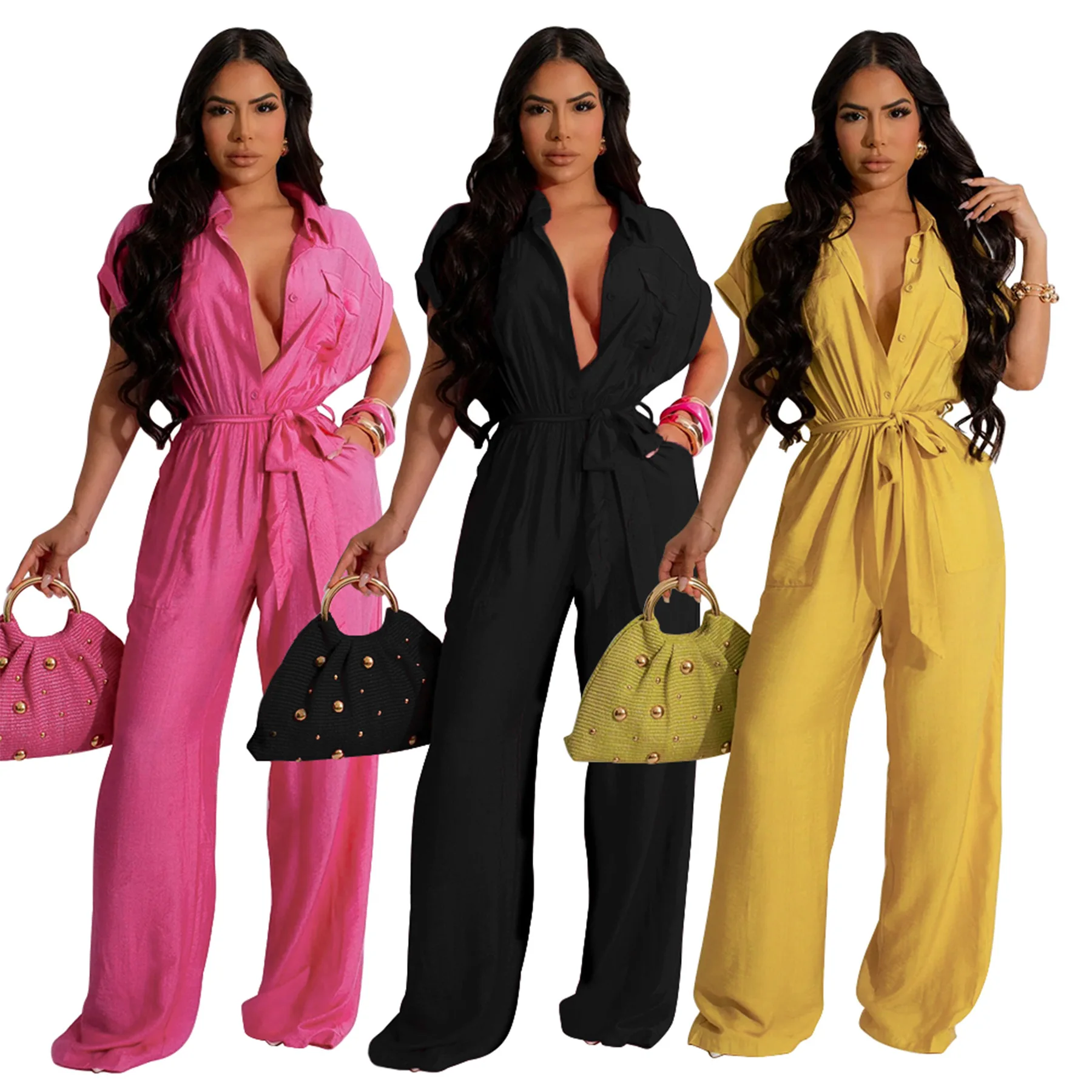 

Women Solid Casual Linen Jumpsuit Elegant Pockets Turn Down Collar Short Sleeve Single Breasted Sash Wide Leg Pants Overalls