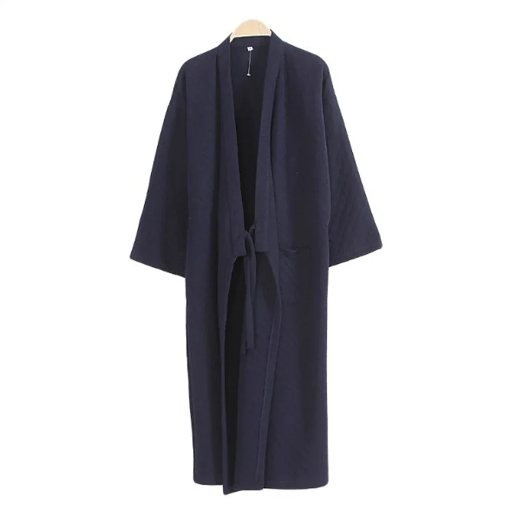 Men Casual Japanese Soft Sleep Kimono Classic Yukata Long Bathrobe Solid Color Comfortable Pajamas Belt Cotton Home Soft Robe