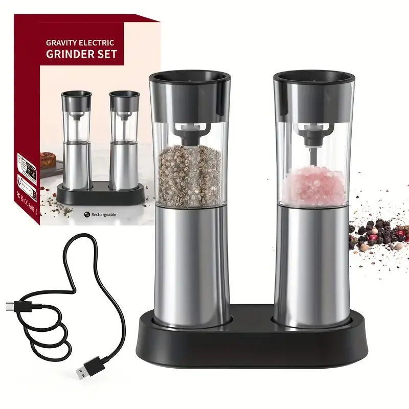 Stainless Steel Electric Salt and Pepper Grinder Set Type-C Li-ion Base Charging Gravity Sensor 100ml Capacity for Kitchen Use