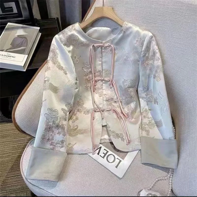 

Women's Jackets Women's Jacket Plum Blossom Women's Spring Fashion Coat Round Neck EmbroideryBuckle Jacquard Retro Loose coat