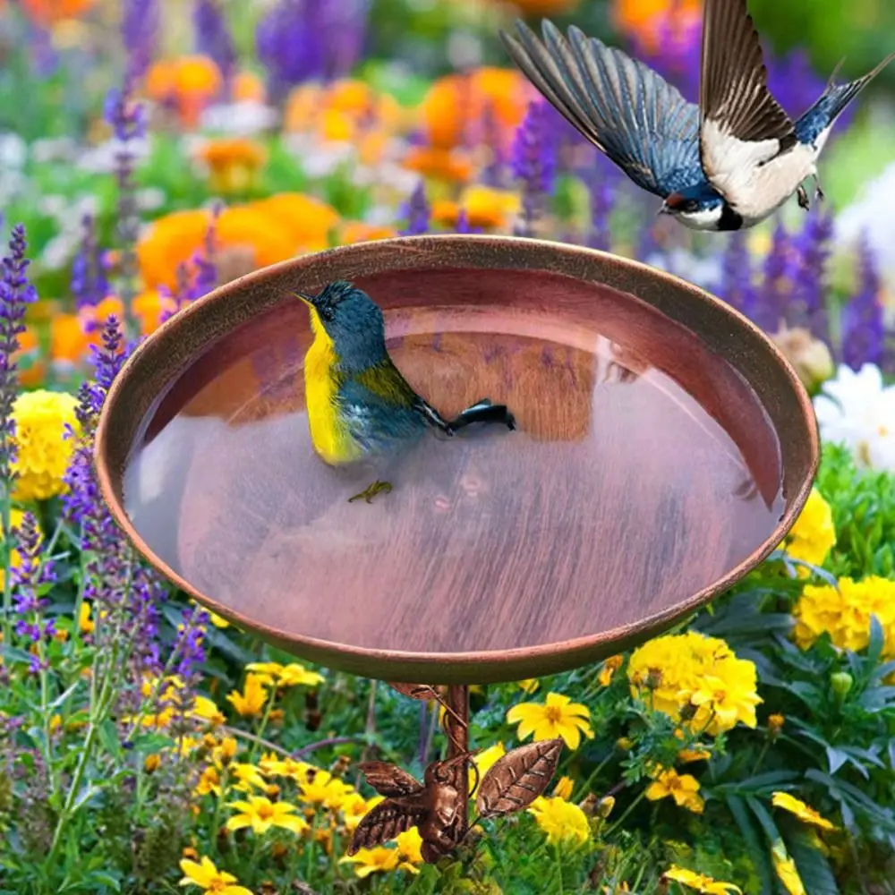 

Iron Garden Birdbath Vintage Large Capacity Bird Feeding Dish Multi Functional Sturdy Bird Feeder Ground Plugin Outdoor