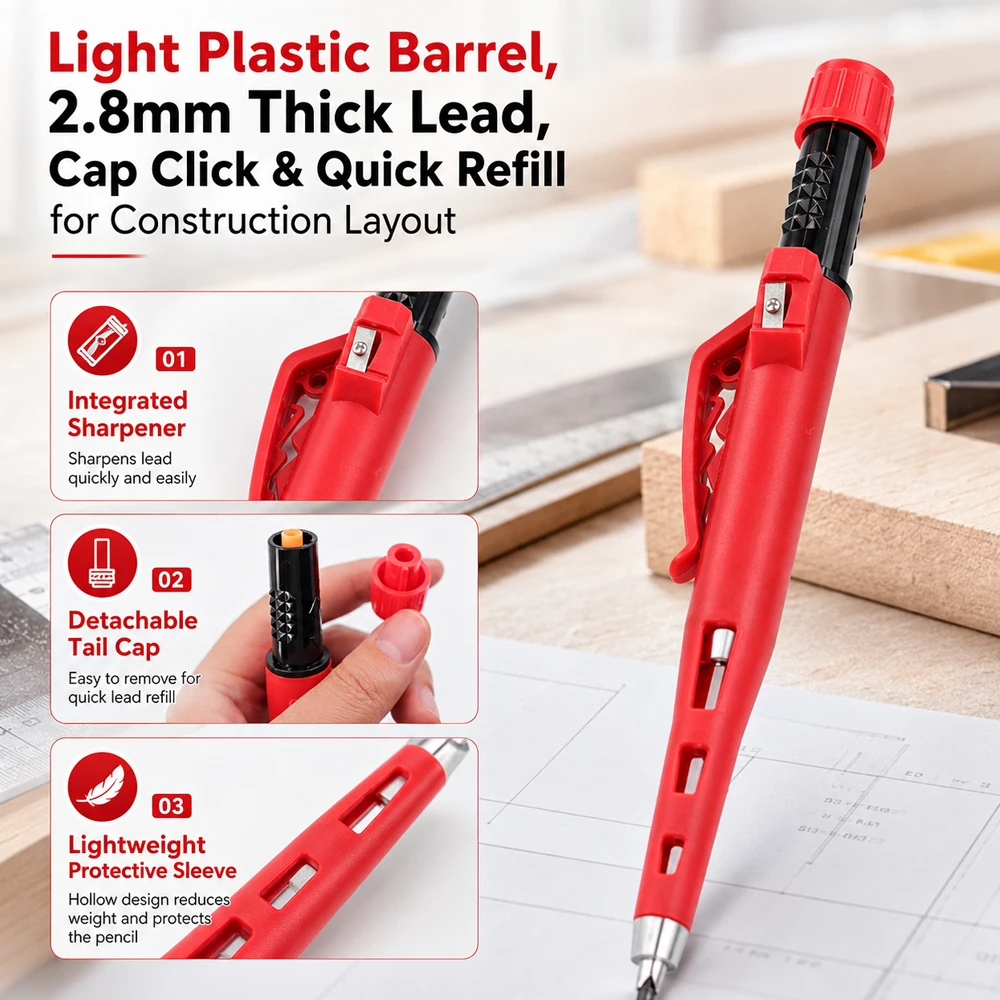 New 55mm Long Head Carpenters Pencil Card Set with 48Leads, 2.8mm Deep Hole Woodworking Marking Pencil Architects Drawing Tool