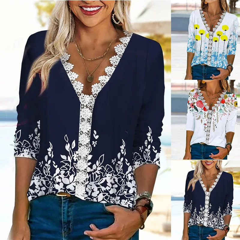 T Shirt Women 2022 Comfortable Leisure Floral Print Lace V-neck Half Sleeve Tshirt Clothing women's Dropshipping OKBS307