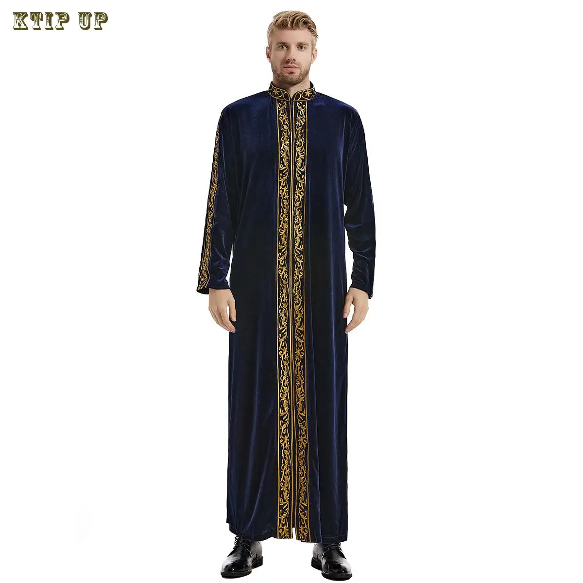 Ethnic Shirt Muslim Men\'s Jubba Thobe Kaftan Prayer Dress Qatar Pakistan Djellaba Islam Cloth Arabic Male gold velvet Long Robe