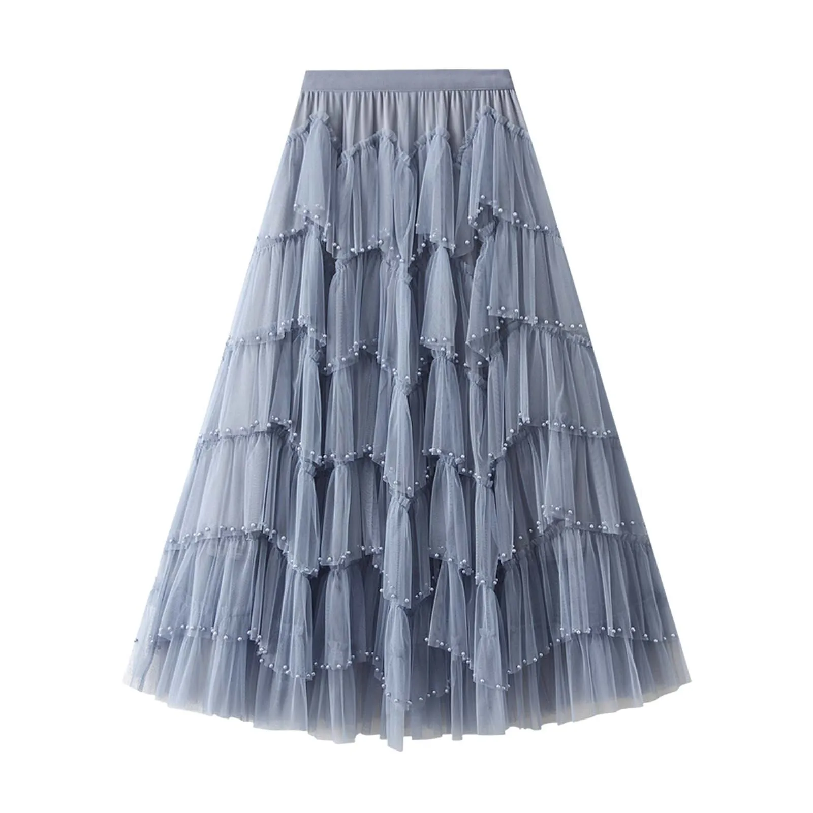 

Spring Summer Fashion Women Long Tulle Skirt Ladies Elegant Lace Mesh Solid Color Korean Midi High Waist Cake Gauze Skirt