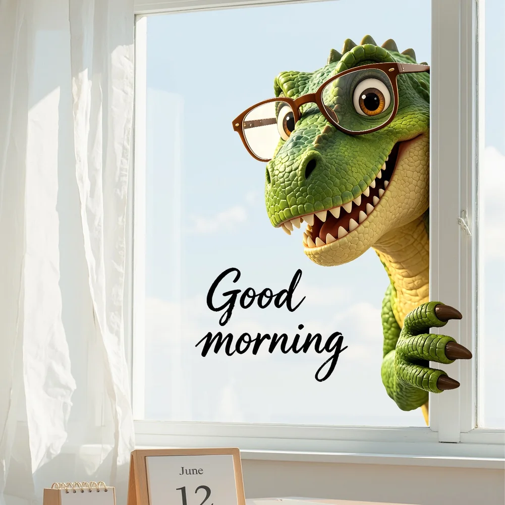 Cartoon Dinosaur Good Morning Static Cling Decal for Interior Decor Smooth Surfaces PVC Window Sticker 20x29cm