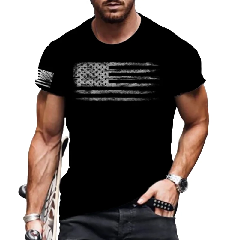 2022 Retro Flag Print Summer T-shirt For Men Fashion Short Sleeve Loose Sports Tshirt Breathable Top 6xl