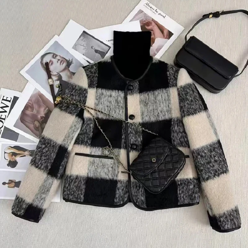 ファッションチェック柄厚いショートキルティングウールコート女性ダウン綿パッド入り O ネックシングルブレスト秋冬ジャケットアウター