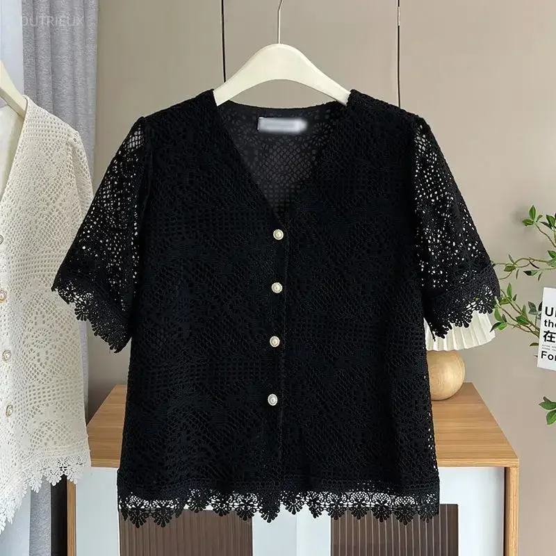 Fashion Hollow Out Blouse Women's Clothes Short Sleeve Lace Temperament Lady Tops Vintage Summer Shirt 2026 Blusas Mujer De Moda