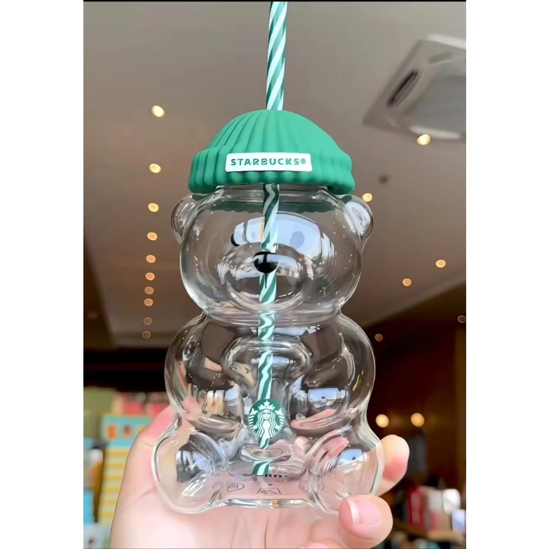 

Unique transparent bear design glass cup with striped straw, leak proof, reusable, suitable for outdoor use in home offices