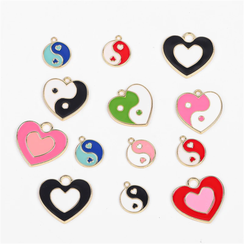 4Pcs Enamel Love Heart Yin and Yang Charms Kongfu Tai Chi Charms Pendants for Bracelets Earrings DIY Jewelry Making Accessories