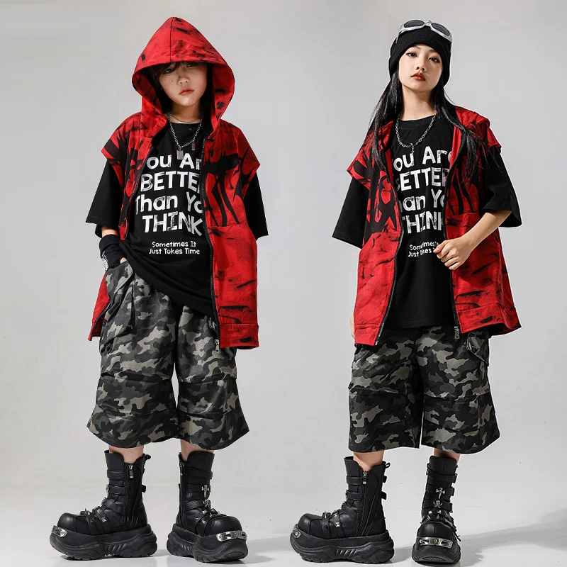 الأطفال قاعة الرقص الهيب هوب أزياء مسرحية للفتيات الأحمر مقنعين القمم التمويه السراويل دعوى الأولاد ملابس الجاز DQS19583