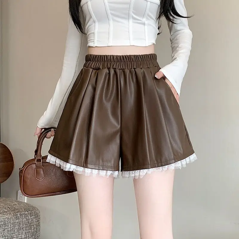 

Lace Spliced leather Shorts for Women Early Spring New High-waisted A-line Wear Loose and Slimming Wide-leg Boots