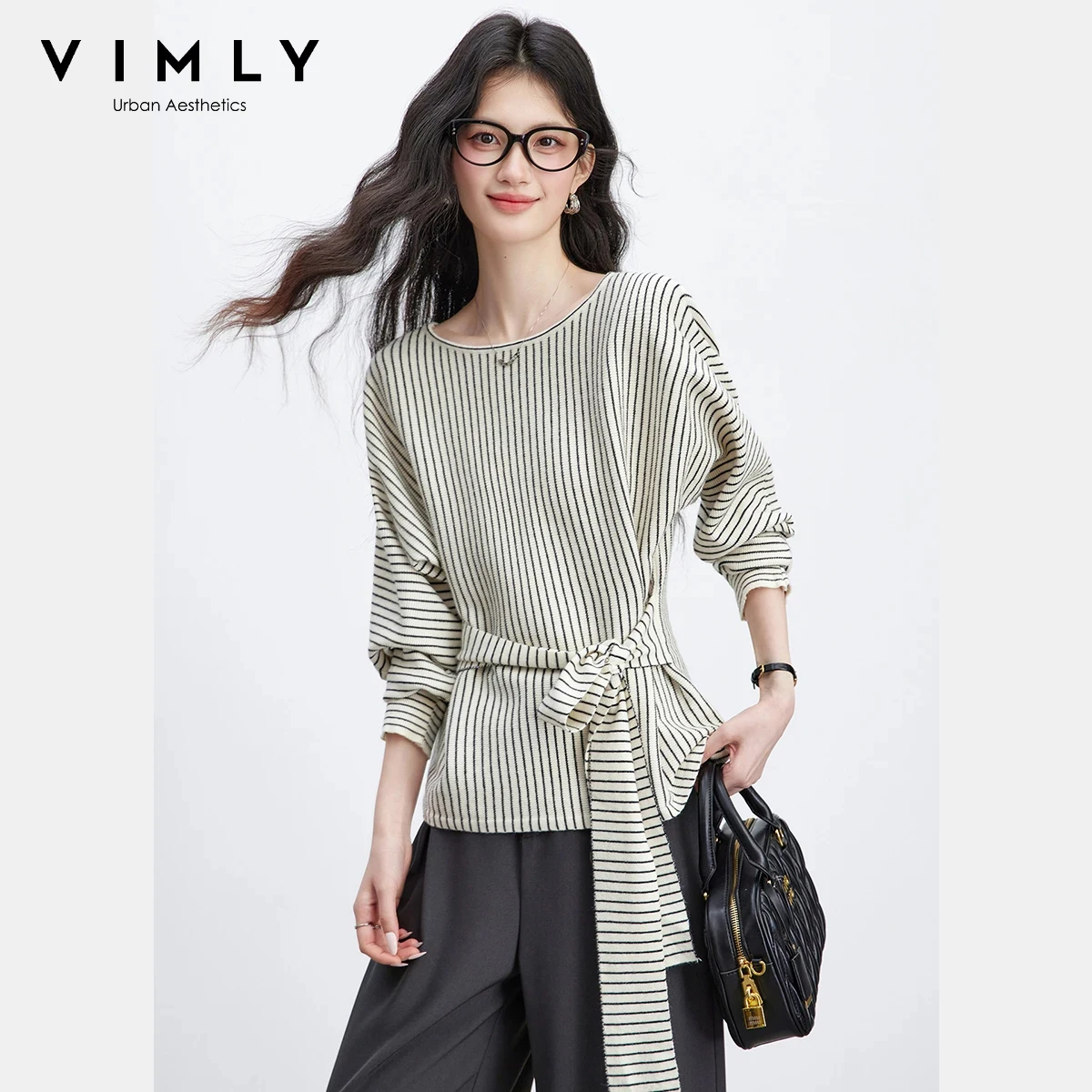 

VIMLY Women's Striped Tie-Waist Knit Top 2026 Spring New Slim-Fit Round Neck Long Sleeve Knitted Sweater Ladies Jumpers 30737