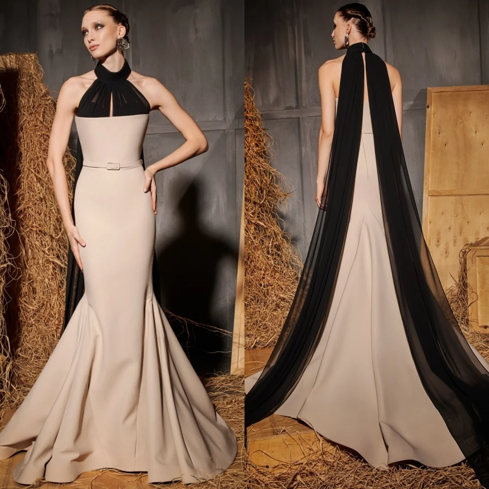

Customized Pastrol Unisex Jersey Sash Pleat Trumpet Halter Long Dresses Bespoke Occasion Chinese Style