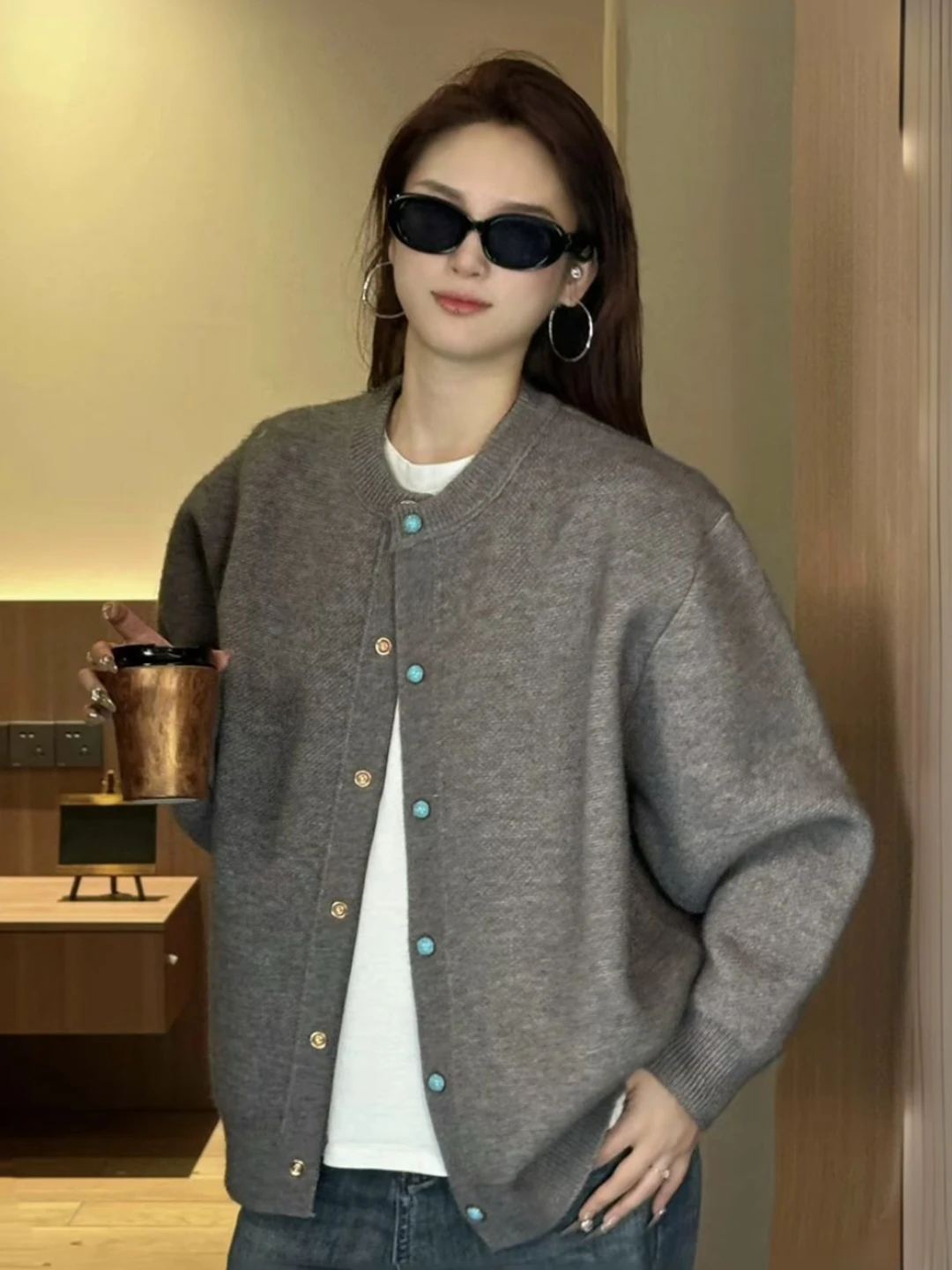 

Мужской вязаный кардиган с круглым вырезом и пуговицами, свободного кроя, из полиэфирного волокна, осенняя мода, для пар