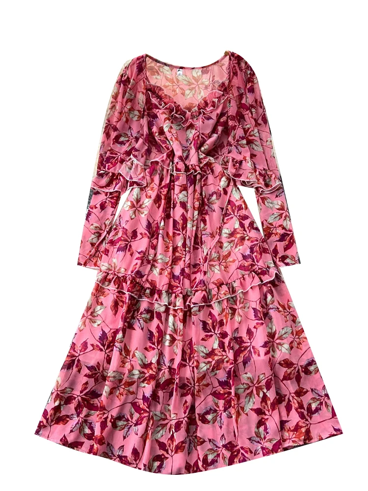 Vestido F de Manga Longa com Estampa Floral Retrô, Estilo Solto em A, Cintura Alta, Fibra de Poliéster, Versão Coreana...