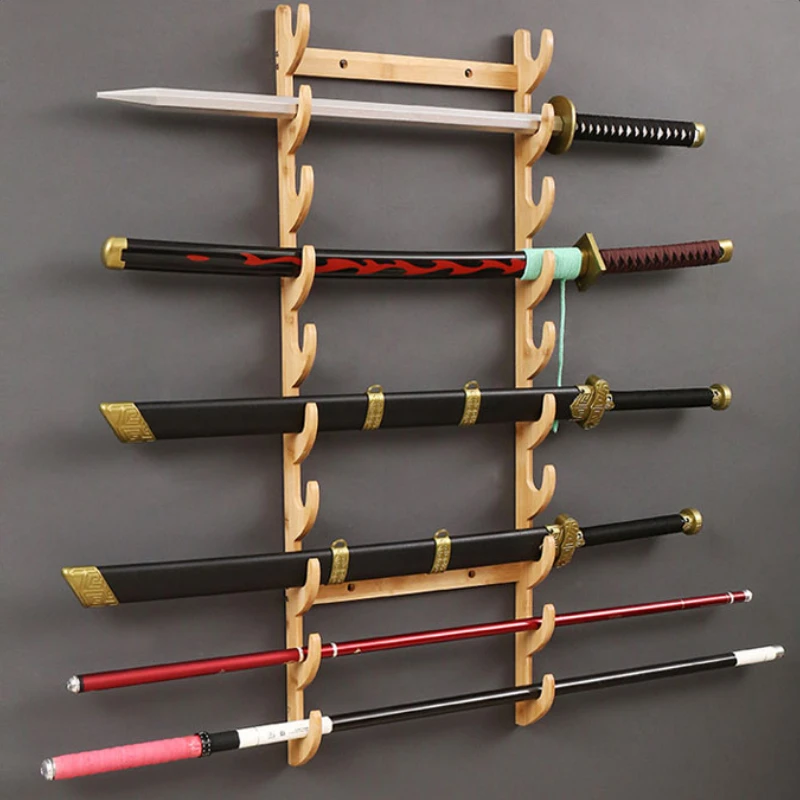 Wall Mounted Sword Holder Bamboo Multi-layer Weapon Rack Fishing Rod Fishing Gear Wall Shelf Strong Load-bearing Storage Rack