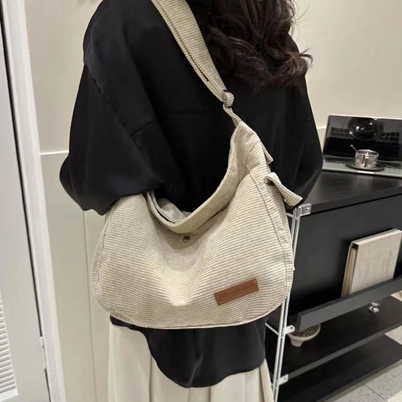 Fashion New Corduroy Tote Bag Women\'s Large Capacity Student Classroom Bag White Simple and Versatile One Shoulder Crossbody Bag