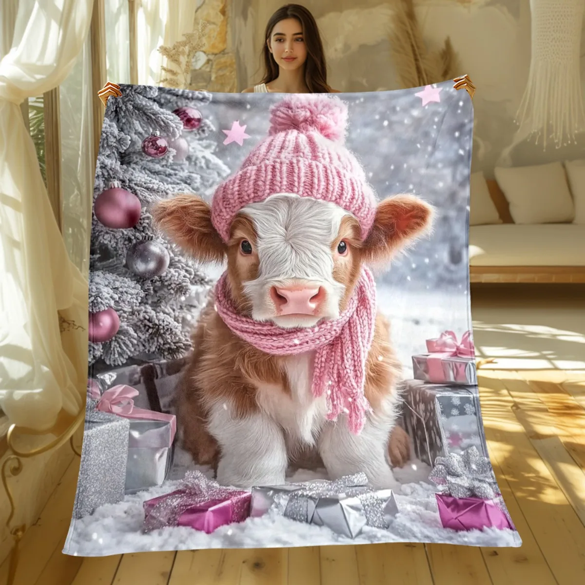 1pc Christmas cow wearing pink hat and scarf snowy scene gift boxes flannel blanket festive holiday throw blanket for kids