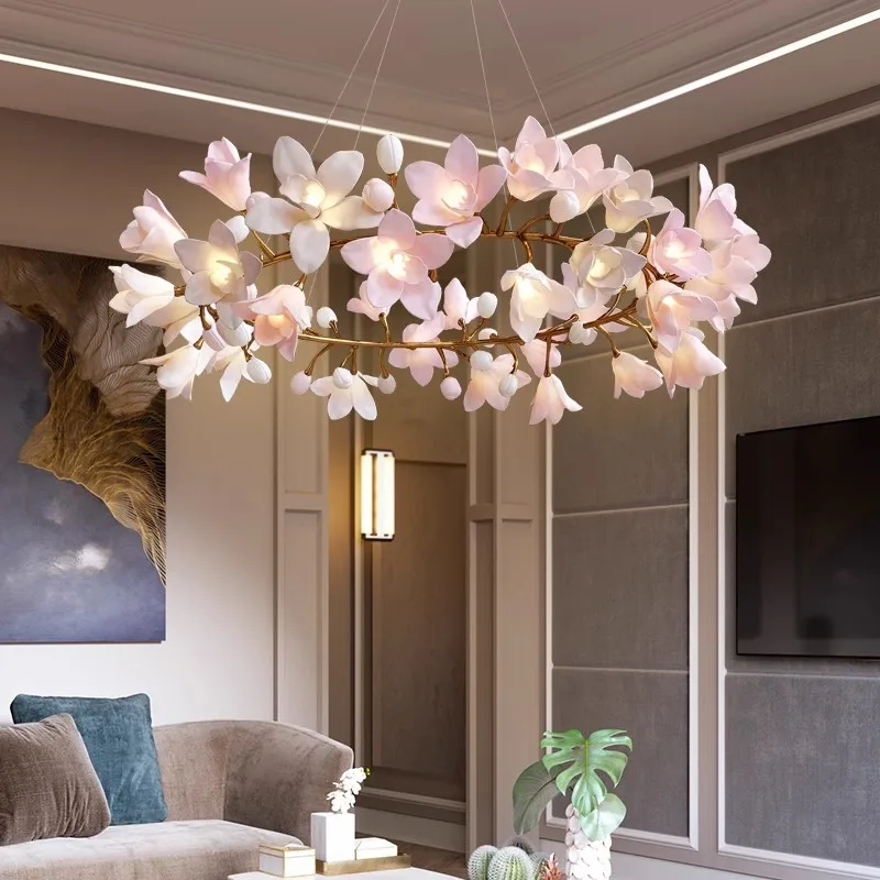 French Pink Flower Pendant Chandelier For Living Room Kitchen Island Copper Iron Branches Round Flower Pendant Light Fixture