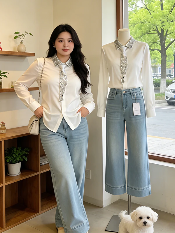 

Heavy Duty Glitter Collar Shirt for Women Spring 2026 New Design Versatile Top Korean Style Long Sleeve Breathable Skin-...