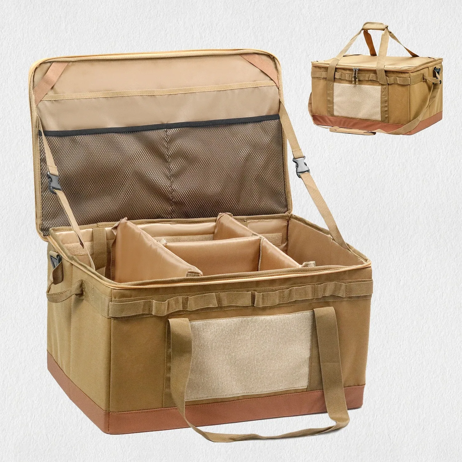 60L Large Camping Storage Bag Collapsible Cooking Trunk Organizer 600D Oxford Fabric, Waterproof Bottom Black//Khaki