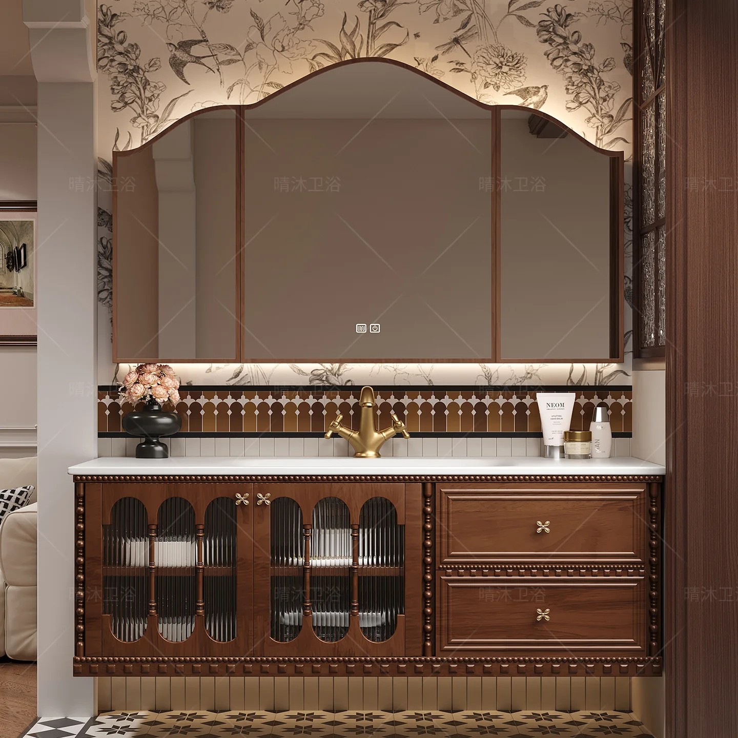 French retro style bathroom cabinet combination rock slab hot bending integrated basin smart mirror cabinet bathroom washbasin