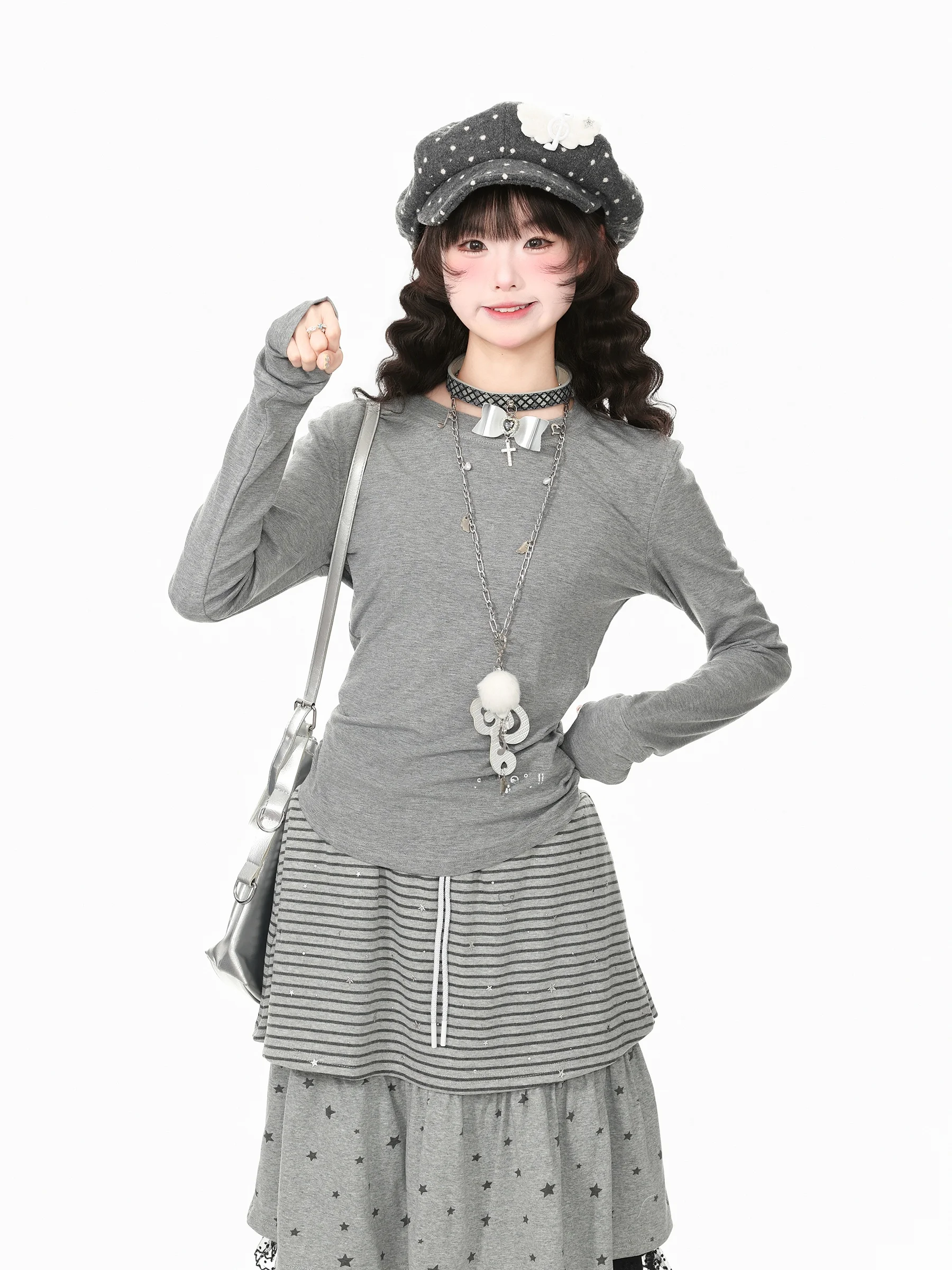 Languid Park Blue Ghost Fashion Set Women's Base Two-Piece Set Autumn Casual Style Cotton Long Sleeve round Neck Open Cardigan