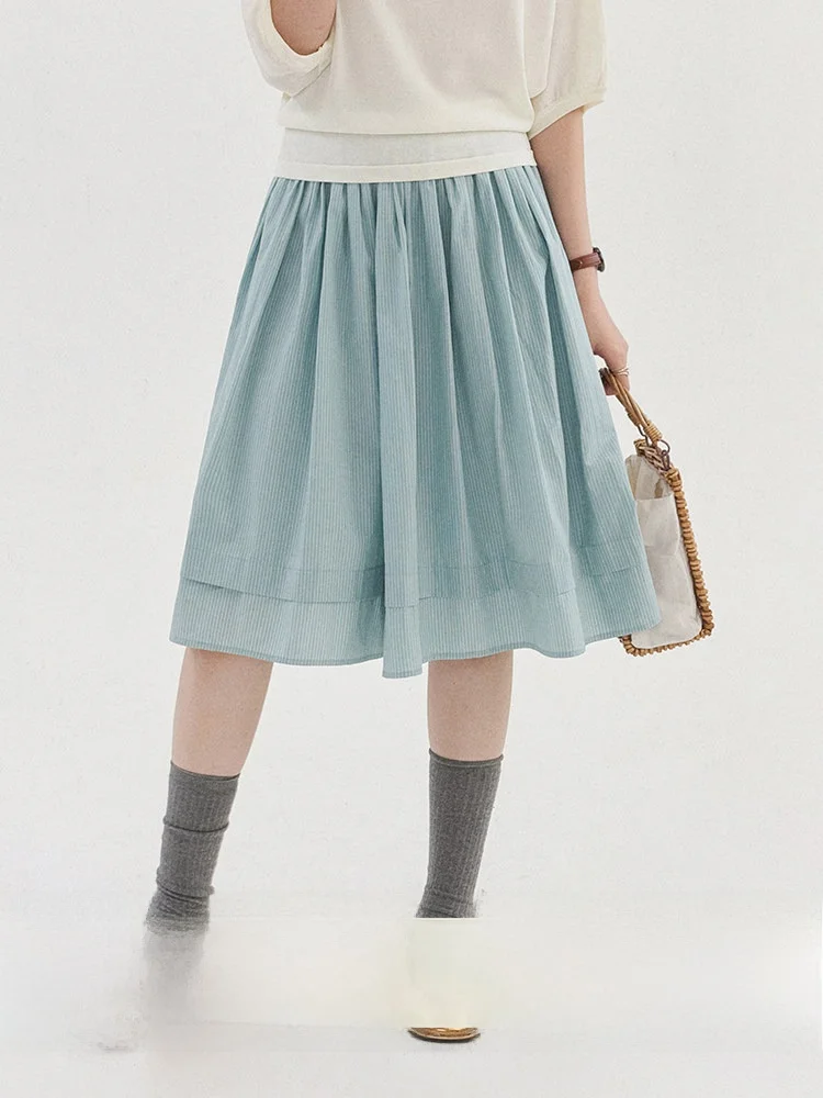 AMUU Blue Striped High Waist Pleated  Skirt Women's Summer New Pure Cotton A-Line Short Skirt Korean Style Commute