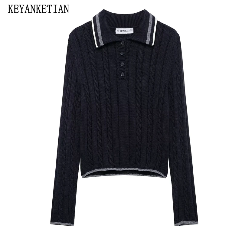 

KEYANKETIAN 2025 Spring New Women's Striped POLO neck Twist Sweater Cropped Pullover Preppy Style Slim Long Sleeve Knitted Top
