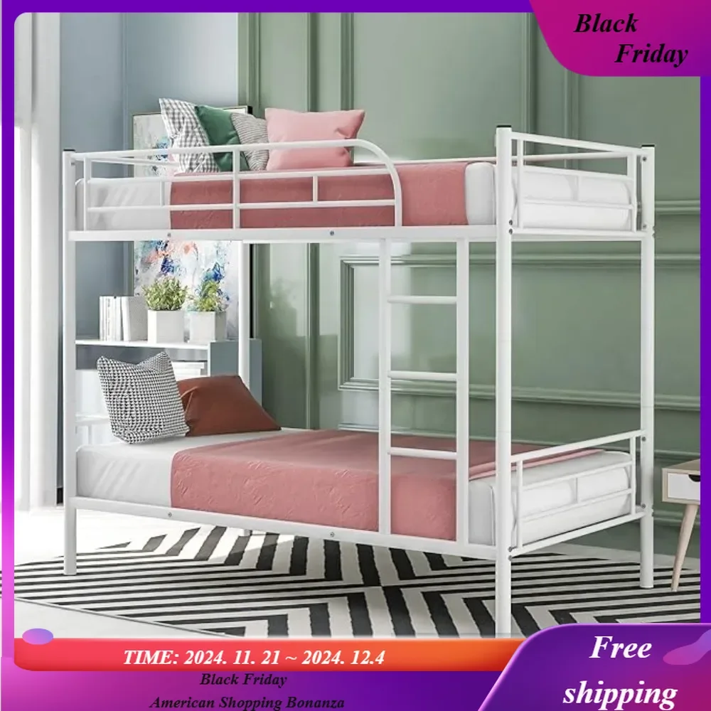 Metal Twin Size Bunk Beds, Twin Over Twin Beds Frame with Stairs, Guardrail, Can be Divided into Two Bed