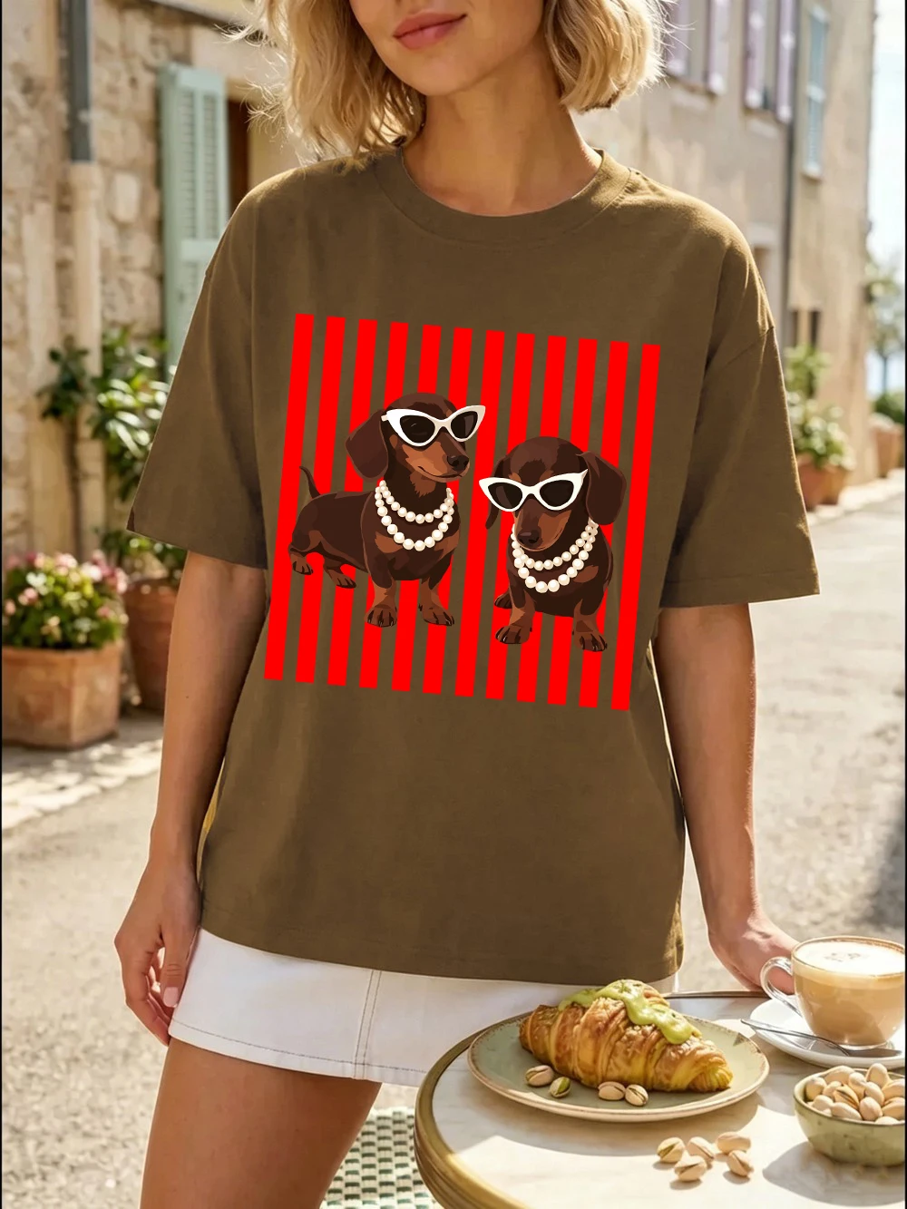 Pearl Dachshund Hundemotiv T-Shirts Baumwolle Damen Sommer Kurzarm T-Shirt Lässige Weiche Oversized Tops Basic O-Ausschnitt Kleidung – Detail 30